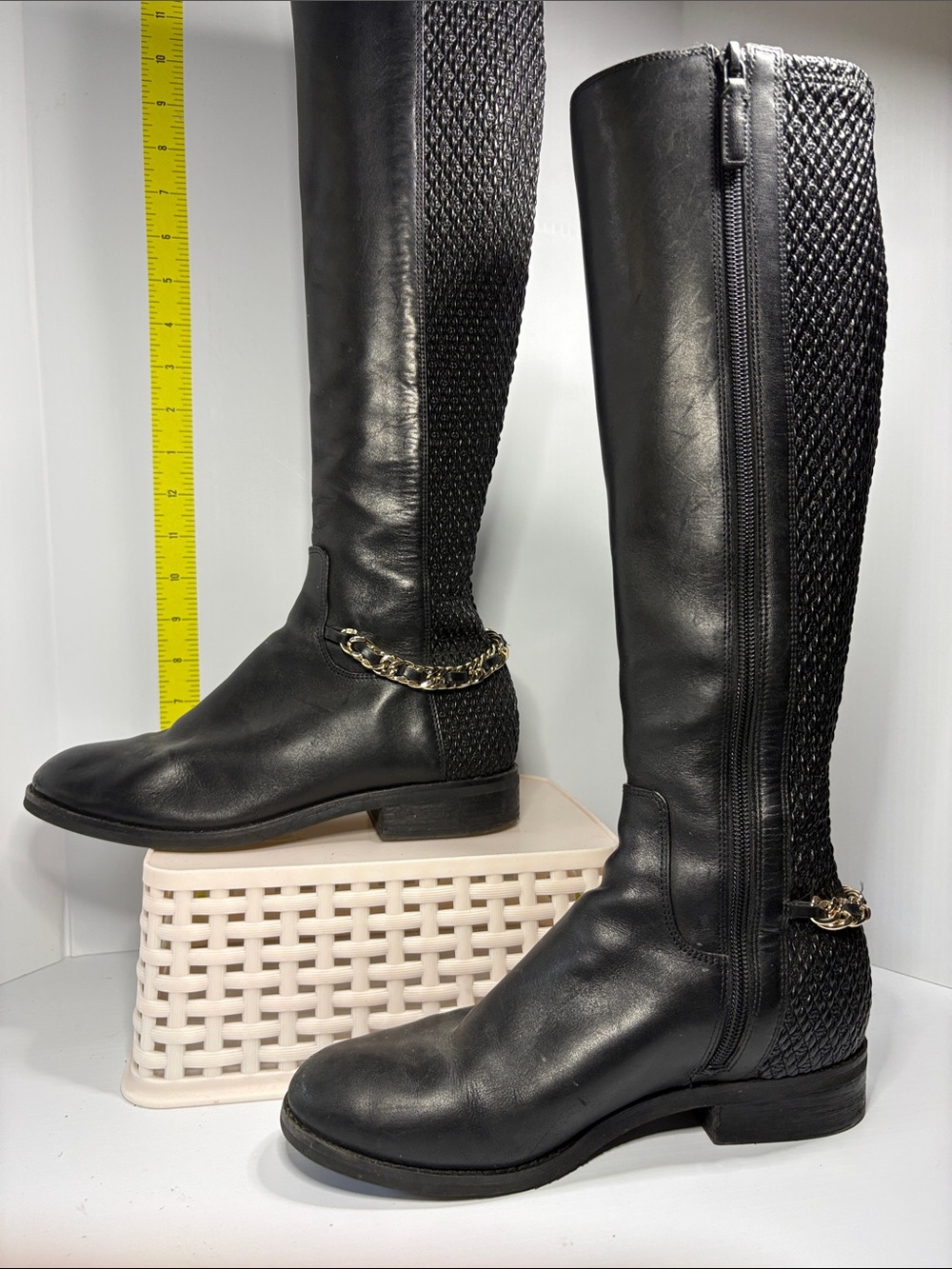 Cole Haan Black Over-the-Knee Riding Boots with Gold Chain Accent. Box 26